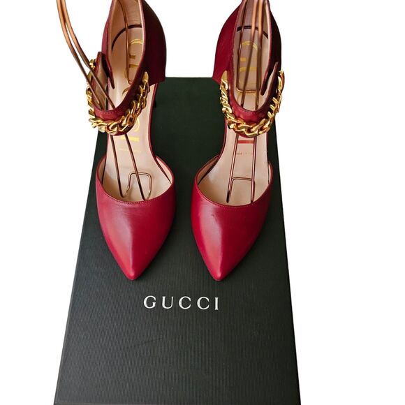 Gucci Malaga Kid Sylvie Gold Chain Pumps Heels Size 37 US 7 Burgundy Red Pointed - Picture 2 of 12